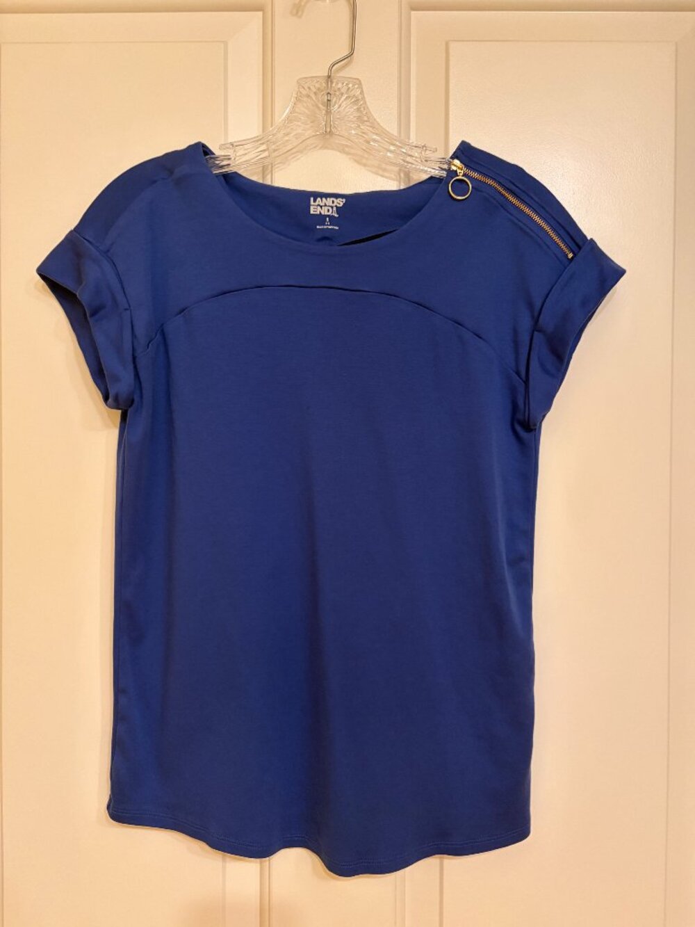 Lands' End Blue Short Sleeve Top Gold Zipper Shoulder